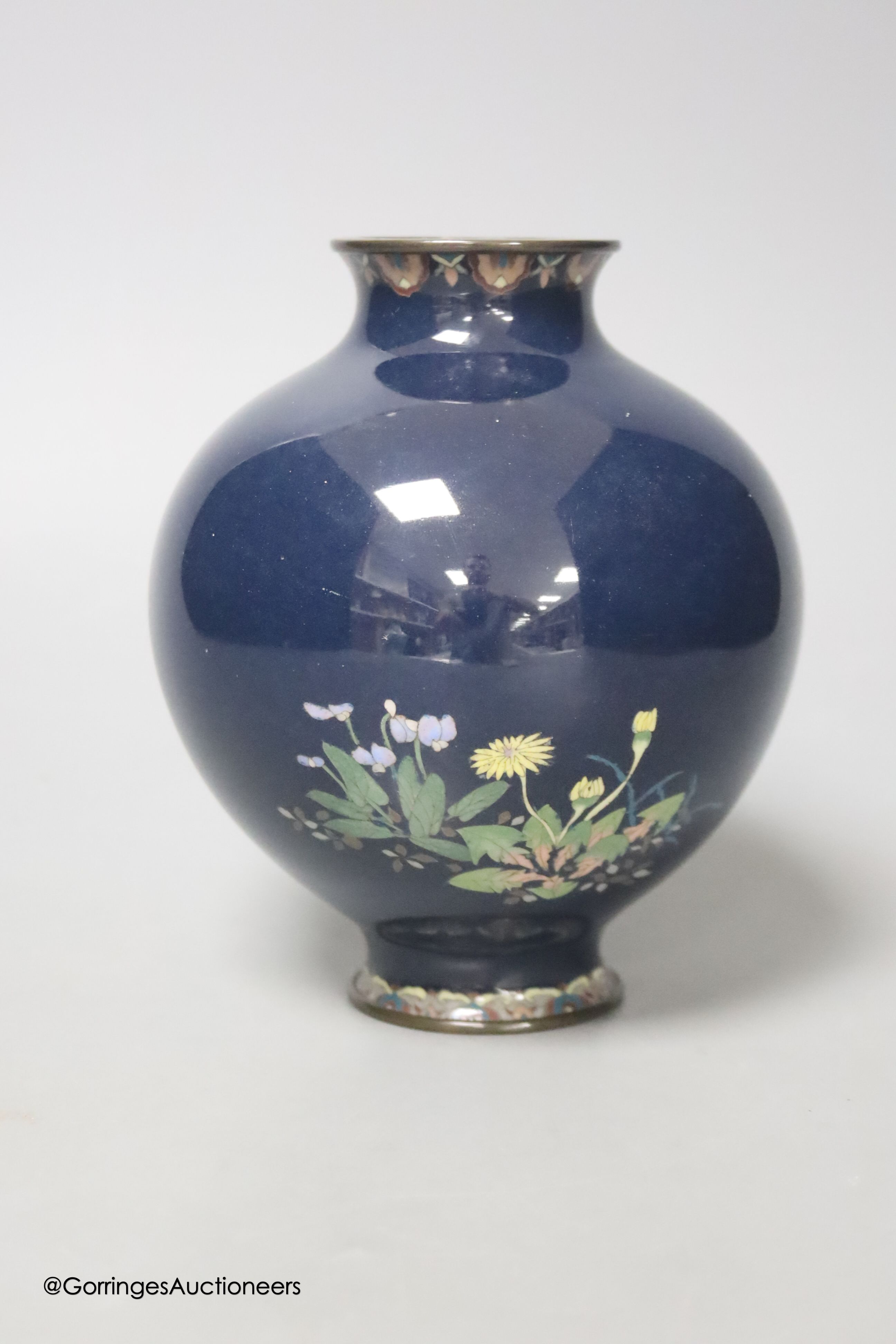 A Japanese cloisonné enamel vase, Meiji period, decorated with a cockerel, height 14cm